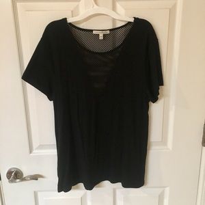 Express black T-shirt with net v-neck detail